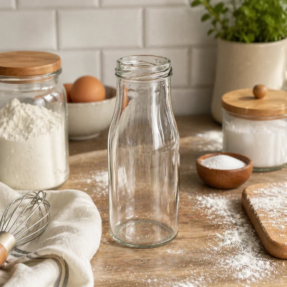 UNiTWIST Bottle150 - Bottiglia capacità 150ml TO43 UNiTWIST Bottle150 Bottiglia di vetro 150ml TO43 in cucina moderna con utensili da forno e barattoli di stoccaggio