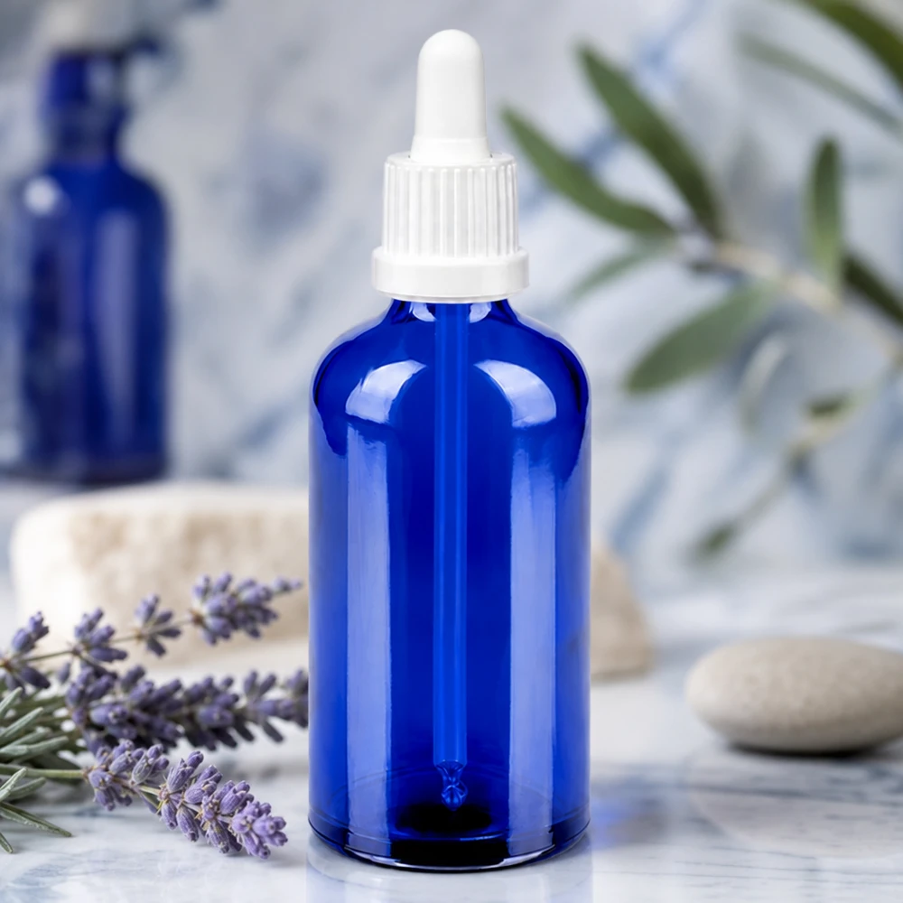 Flacone per pipette da 100 ml bianco OV BlueLine UT18/100 Bottiglia in vetro blu soffiato a bocca da 100 ml con pipetta bianca di precisione BlueLine UT18/100