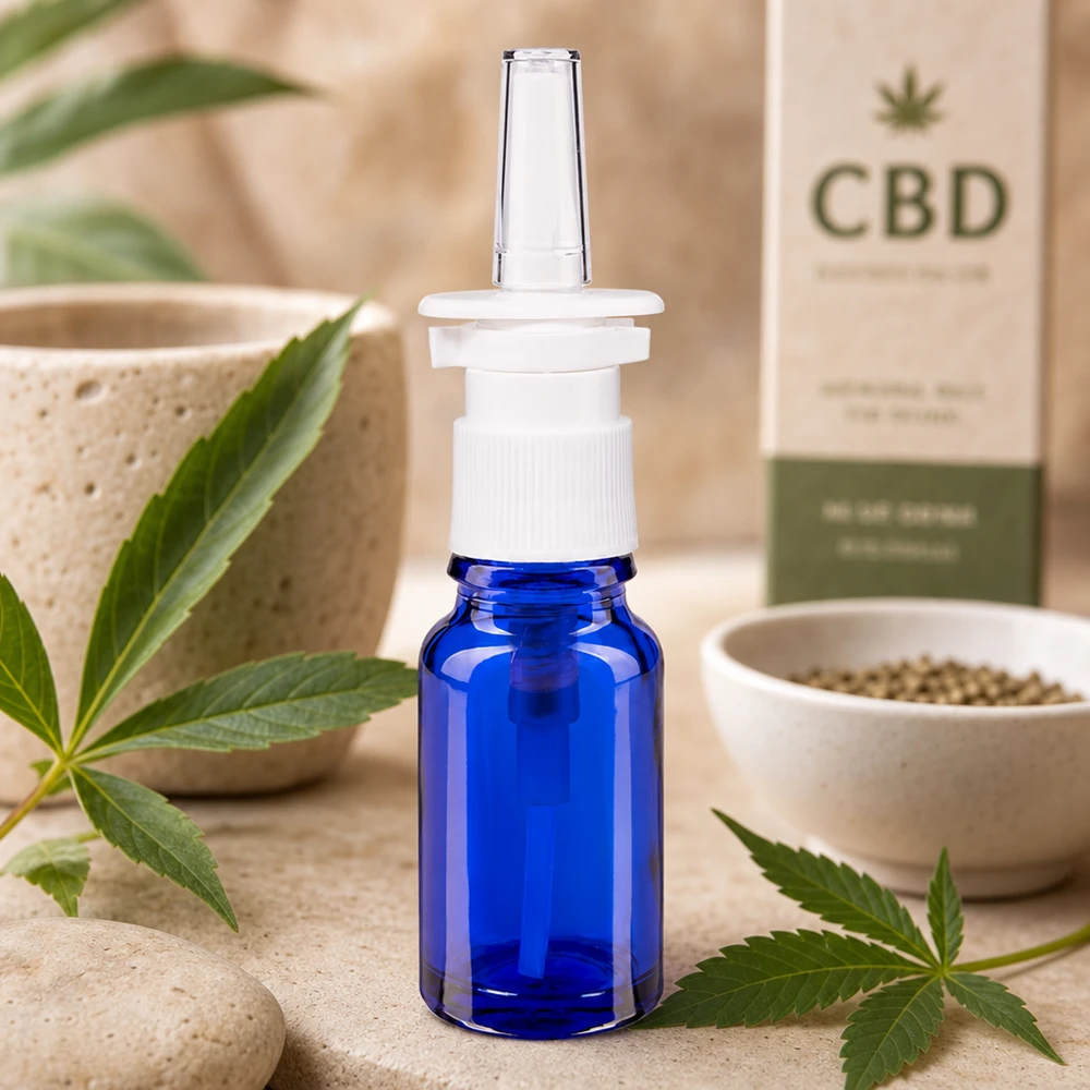 Flacone compatto da 10 ml per spray nasale, di colore blu cobalto, con prodotti al CBD e foglie di canapa