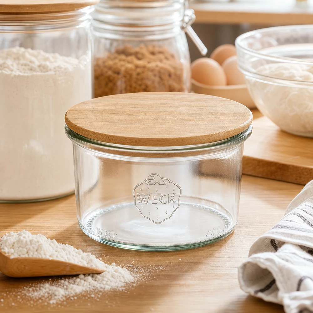 Bicchieri da 200 ml WECK RR80 con coperchio in legno WECK Sturzglas 200ml RR80 mit Holzdeckel in natürlicher Küchenumgebung zwischen Backzutaten und Vorratsgläsern