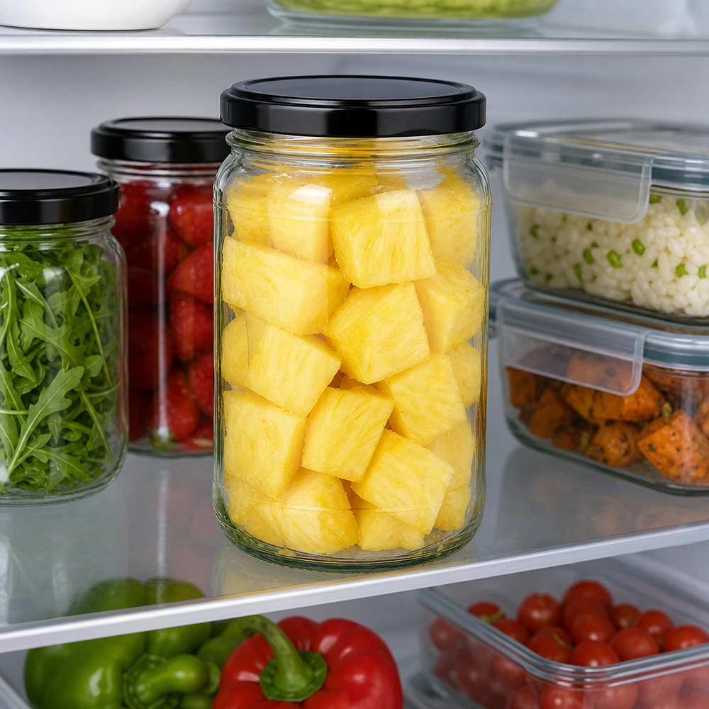 Barattolo rotondo UNiTWIST da 305 ml con coperchio nero pieno di ananas in frigo per la conservazione degli alimenti