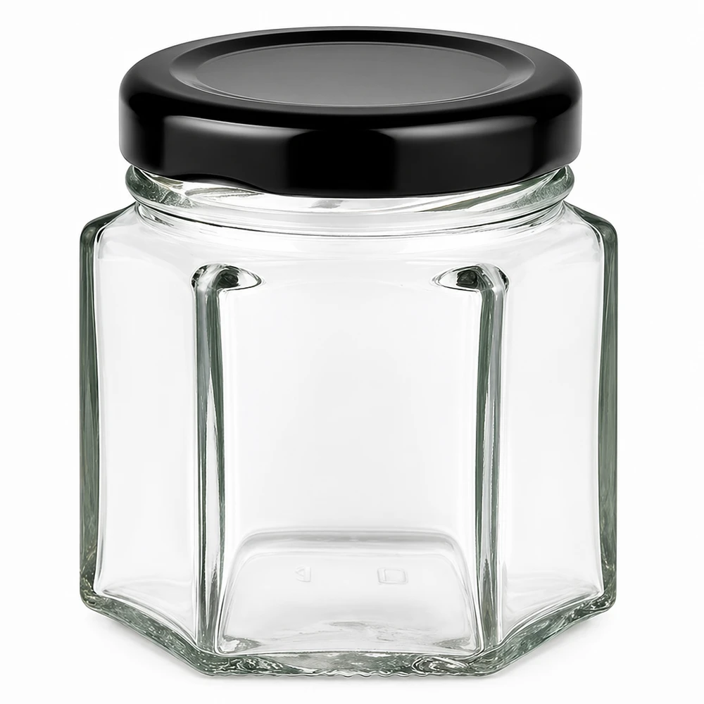 Barattolo hexa da 47 ml con coperchio BasicSeal nero UNiTWIST. Barattolo di vetro esagonale da 47 ml con coperchio nero BasicSeal - barattolo di vetro esagonale per alimenti e conservazione