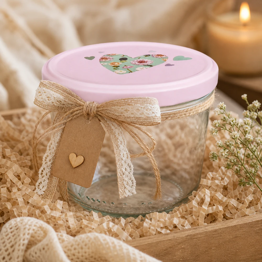 Bicchieri da 230 ml + coperchio BasicSeal cuore rosa UNiTWIST Sturzglas 230ml mit rosa Herz-Deckel dekorativ mit Juteschleife und Geschenkanhänger als Geschenkverpackung arrangiert