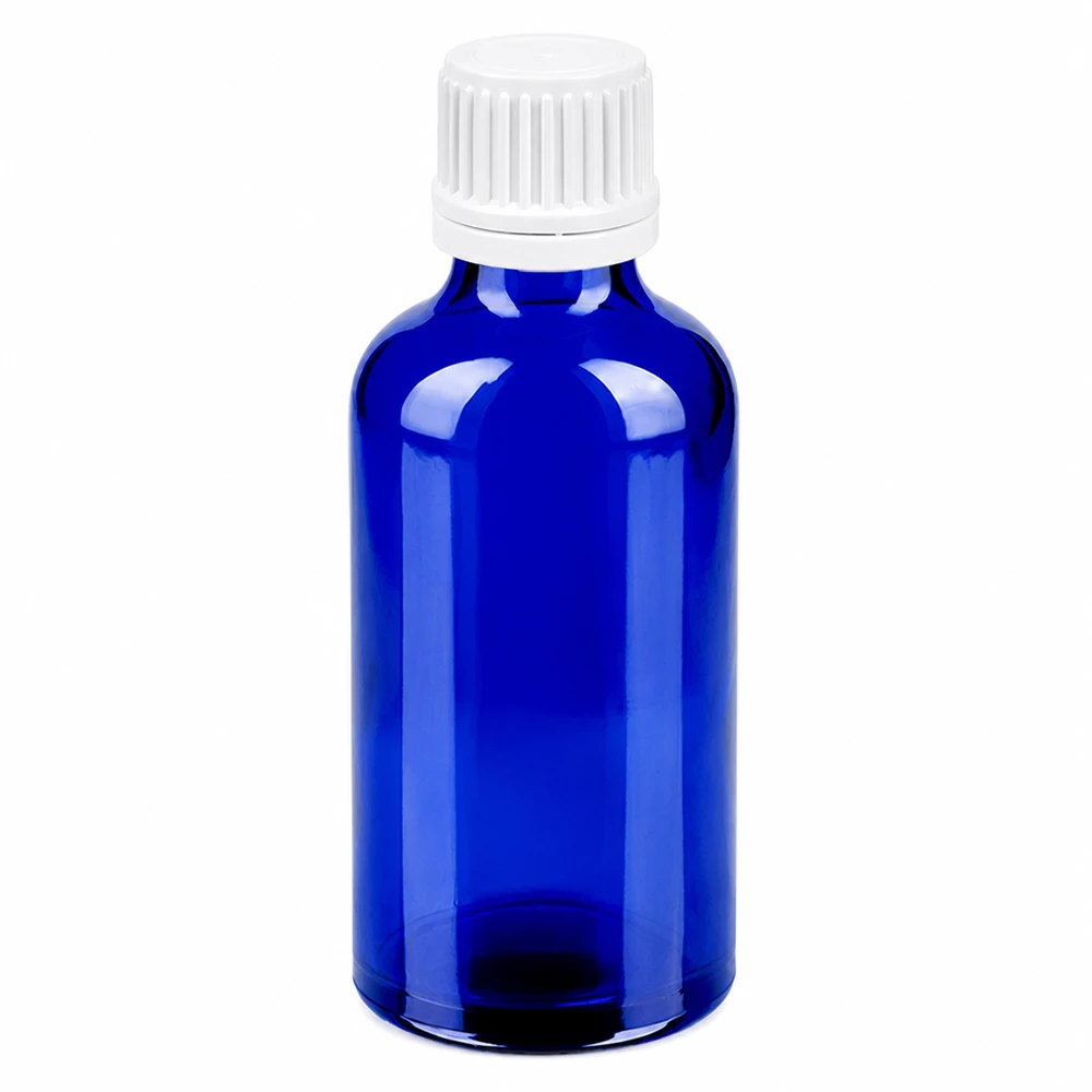 Bottiglia da 50ml 11mm SV bianco OV BlueLine UT18/50 Flacone contagocce rotondo da 50 ml con tappo bianco ed elegante design in vetro blu
