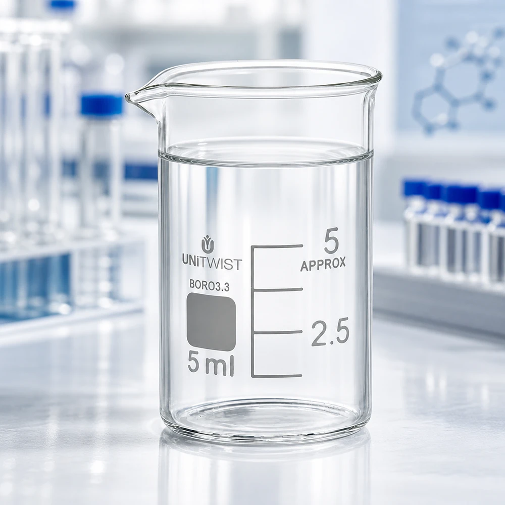 Bicchiere di vetro trasparente da 5 ml UNiTWIST in borosilicato 3.3, forma bassa con scala bianca