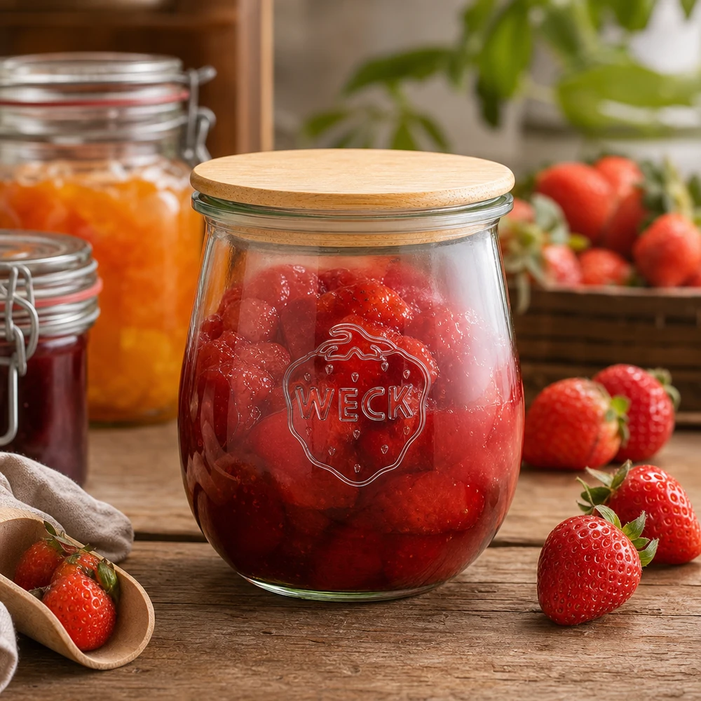 Vaso per tulipani da 220 ml WECK RR60 con coperchio in legno WECK vaso a tulipano da 220 ml con coperchio in legno riempito di marmellata di fragole - vaso per marmellate e creme spalmabili