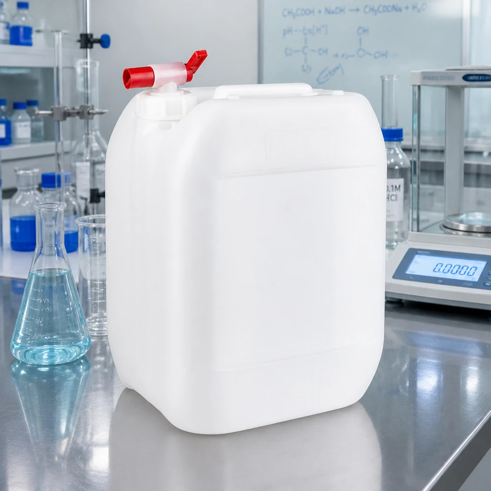 Tanica da 10 litri con rubinetto di scarico Tanica rettangolare in plastica da 10 litri con rubinetto rosso in un ambiente di laboratorio professionale