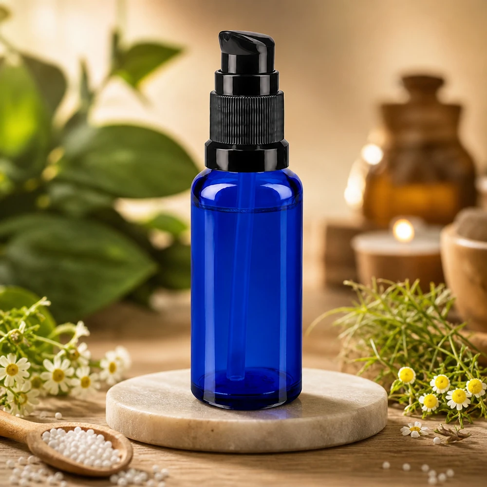 Bottiglia a pompa blu 30ml STD nero ApoGlas Flacone ApoGlas da 30 ml con pompa, di colore blu cobalto, con tappo nero tra i fiori di camomilla