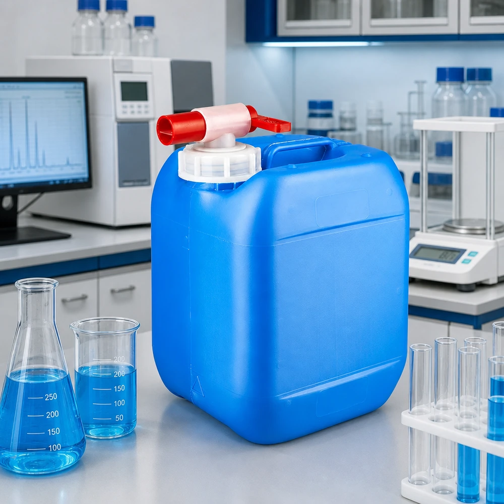 Tanica di plastica blu da 5 litri con rubinetto di scarico in un ambiente di laboratorio, accanto a un matraccio di Erlenmeyer e a un becher