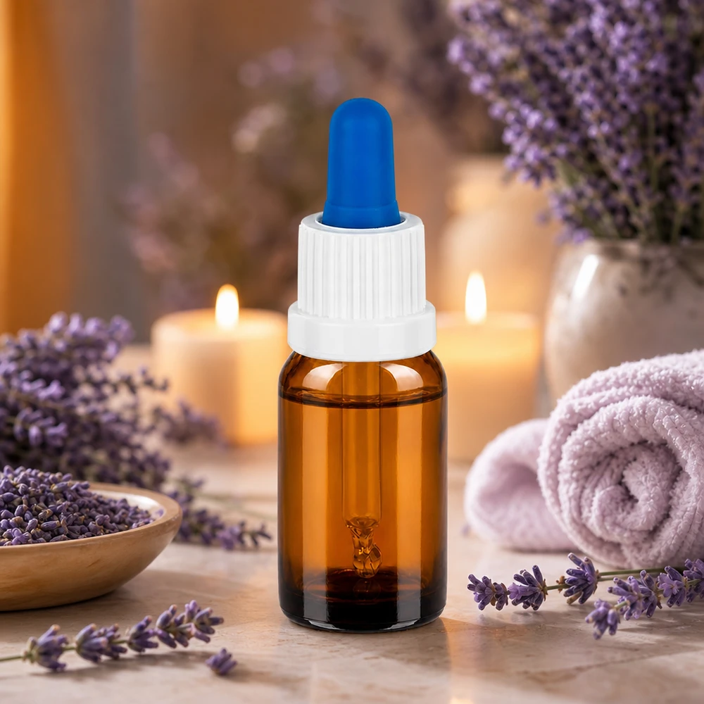 Bottiglia per pipette da 10 ml bianco/blu OV BrownLine UT18/10 Flacone da 10 ml in vetro ambrato con protezione UV, tappo a vite bianco e puntale blu.