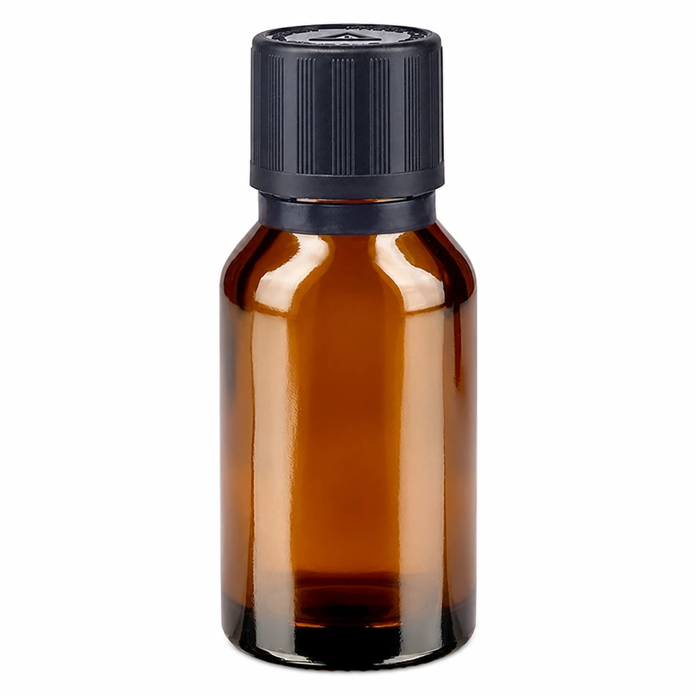 Flacone da farmacia marrone da 15 ml con tappo di sicurezza per bambini nero e contagocce da 1 mm