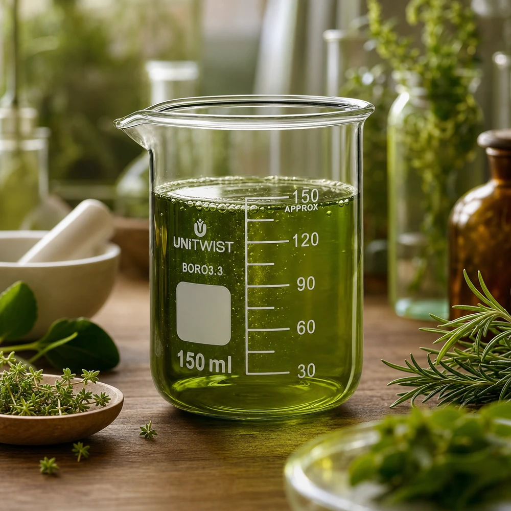 Bicchiere UNiTwist da 150 ml in borosilicato 3.3, forma bassa, con estratto di erbe verde