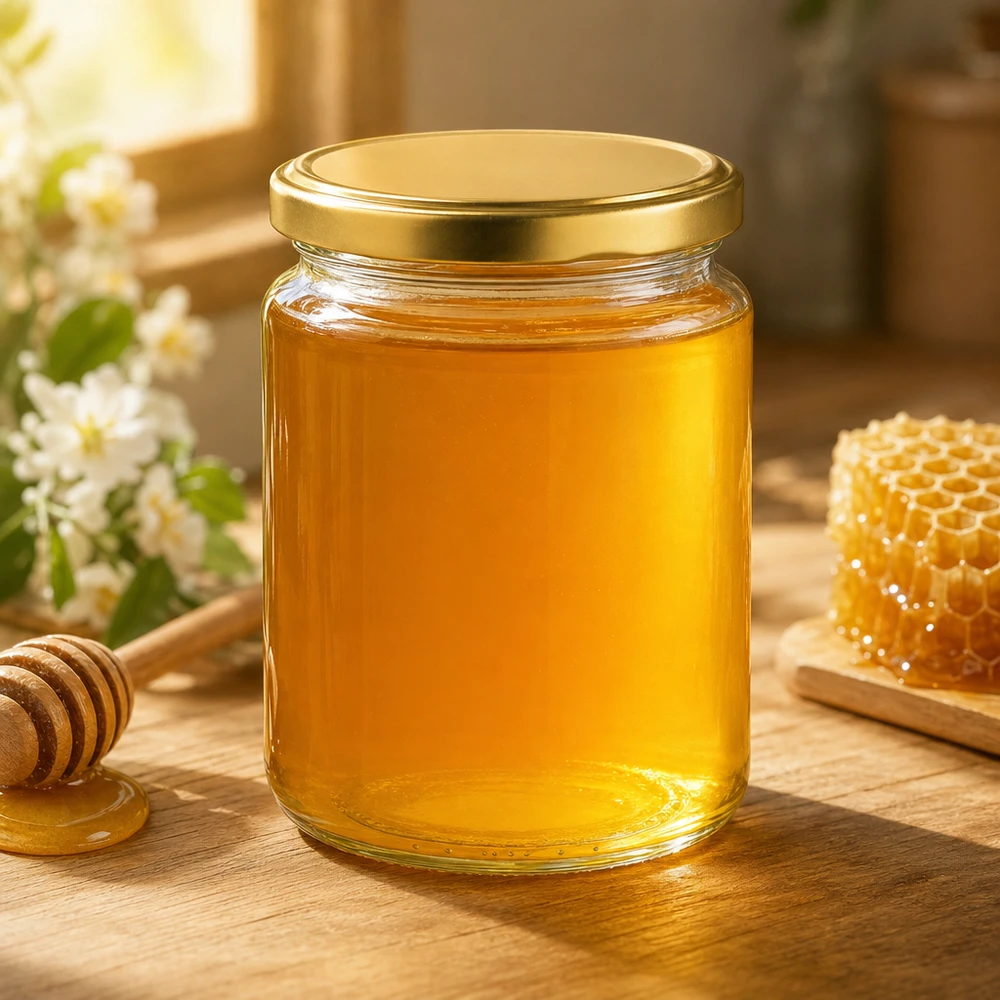 Vasetto per miele da 450 g con capsula dorata BasicSeal UNiTWIST Vasetto di miele da 450 g con coperchio dorato pieno di miele accanto a favo e cucchiaio di miele decorazione naturale per la cucina