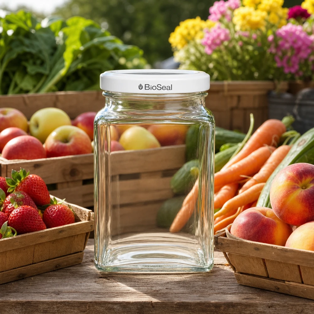 UNiTWIST Tetra260 con coperchio bianco TO58 BioSeal UNiTWIST Tetra260 vaso in muratura vuoto su tavolo di legno con frutta fresca verdura bianca TO58 coperchio BioSeal giardino esterno
