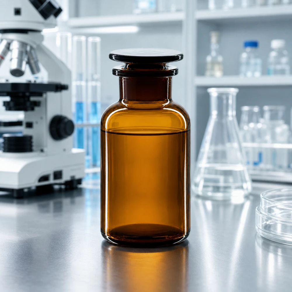 Bottiglia a spalla tonda 250ml marrone collo largo tappo in vetro Fiamma da laboratorio, flacone in vetro ambrato da 250 ml a collo largo con tappo di vetro, accanto a un microscopio e a un matraccio di Erlenmeyer