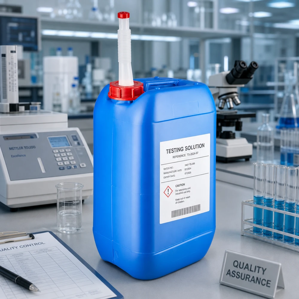 Tanica 15 litri blu con tubo di uscita Flex Tanica da laboratorio blu da 15 L con tubo di scarico flessibile ed etichetta con simboli GHS relativi alle sostanze pericolose