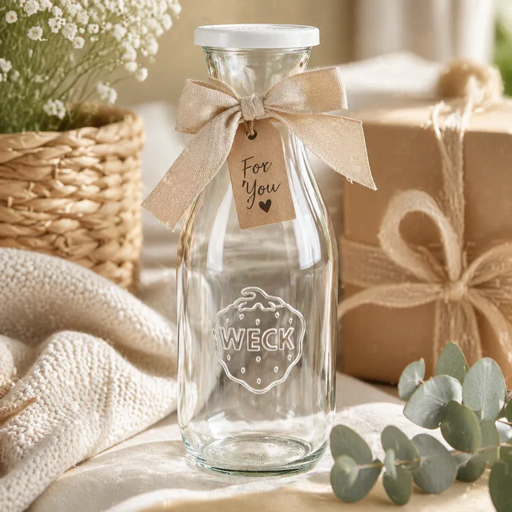 Bottiglia di succo WECK da 1062 ml in regalo con fiocco e etichetta For You in una scena decorativa rustica
