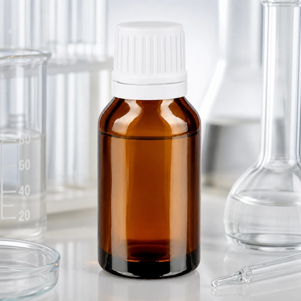 Flacone da farmacia marrone da 15 ml con tappo di sicurezza bianco in laboratorio, tra un pallone di vetro e un becher