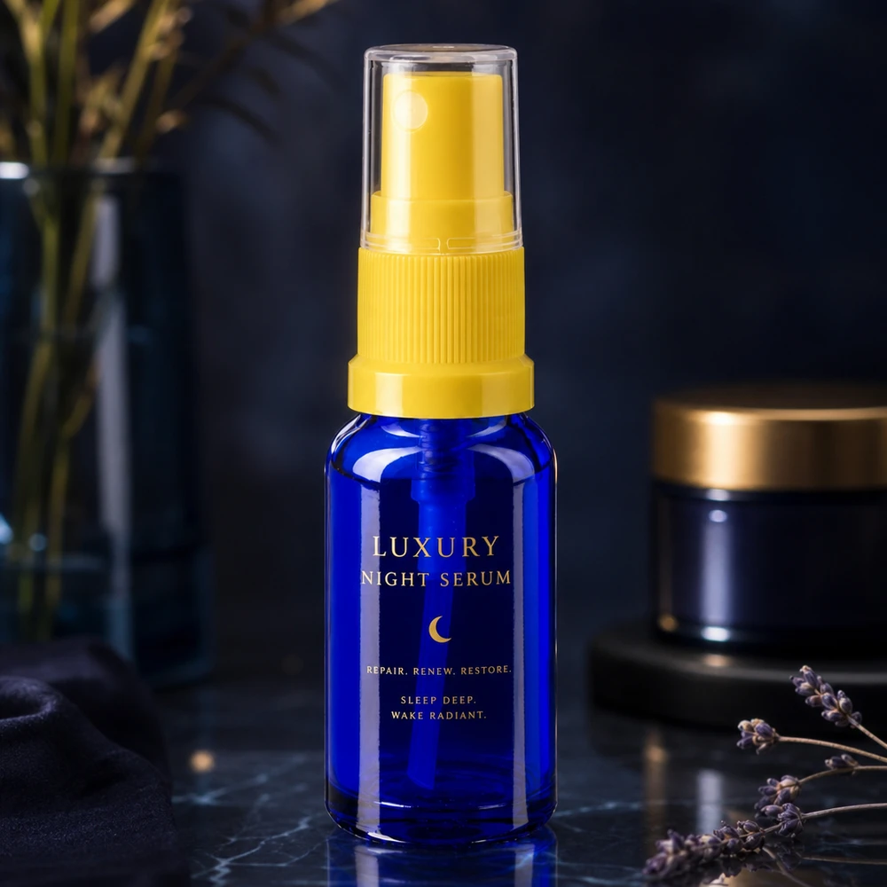 Flacone blu da 30 ml con erogatore a spruzzo giallo, confezione del Luxury Night Serum in una foto scattata in studio
