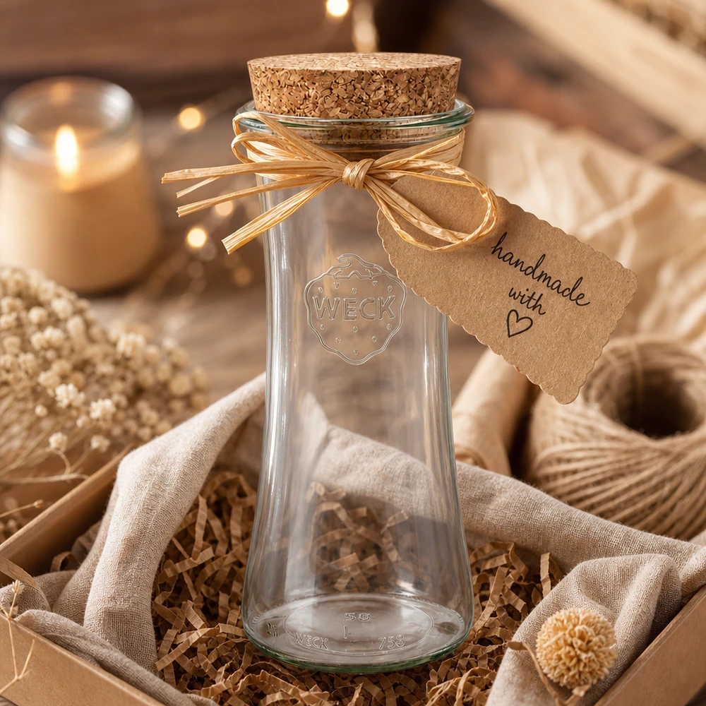 WECK RR80 vaso 700ml con tappo in sughero come regalo fatto a mano, decorato con un fiocco e un ciondolo in un'atmosfera rustica