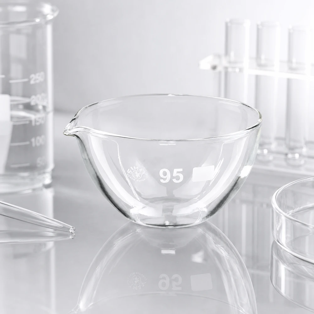 Piatto di evaporazione da 170ml con beccuccio in borosilicato ø95mm Piatto da laboratorio di precisione di 95 mm di diametro in borosilicato con funzione di versamento