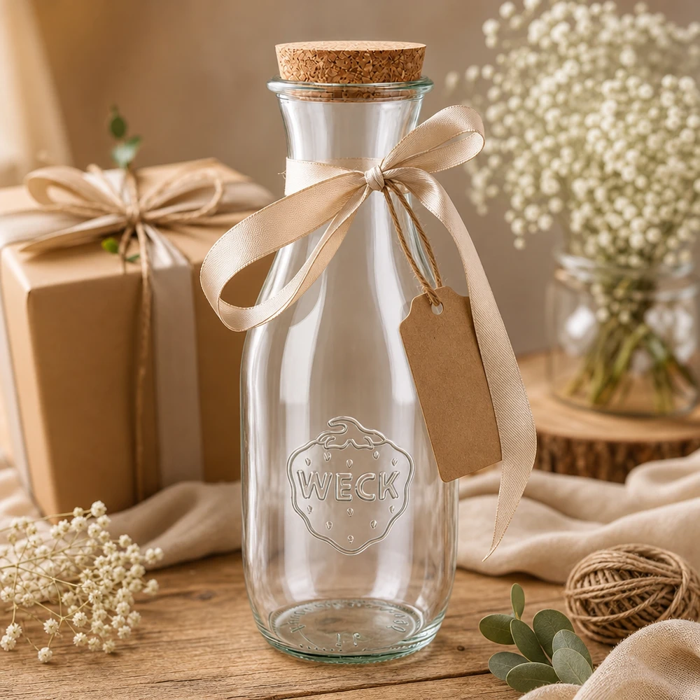 Bottiglia di vetro WECK da 1062 ml in regalo decorata con fiocco beige e ciondolo accanto a gypsophila e scatola regalo