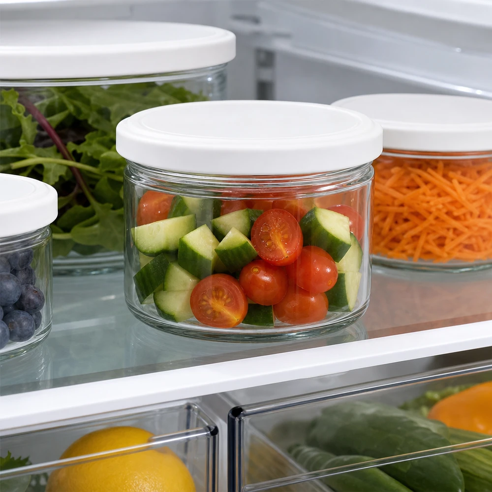 Barattolo rotondo da 540 ml con coperchio BasicSeal bianco UNiTWIST 540ml Rundglas BasicSeal weiß im Kühlschrank mit Tomaten und Gurken - optimale Frischhaltung für geschnittenes Gemüse
