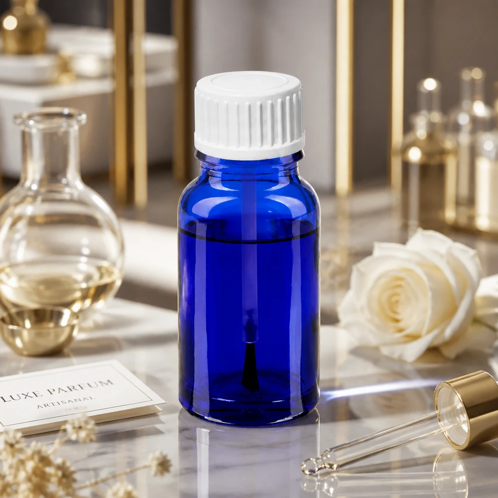 Flacone a pennello da 10 ml bianco STD BlueLine UT18/10 Pratico flacone in vetro blu da 10 ml con pennello applicatore, ideale per lavori di precisione.