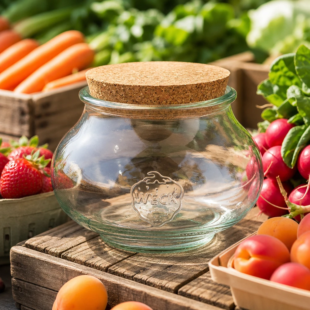 Vaso per gioielli WECK RR80 da 560 ml con tappo in sughero naturale Vaso da gioielleria WECK 560ml RR80 vuoto con tappo in sughero su un tavolo di legno circondato da frutta e verdura fresca