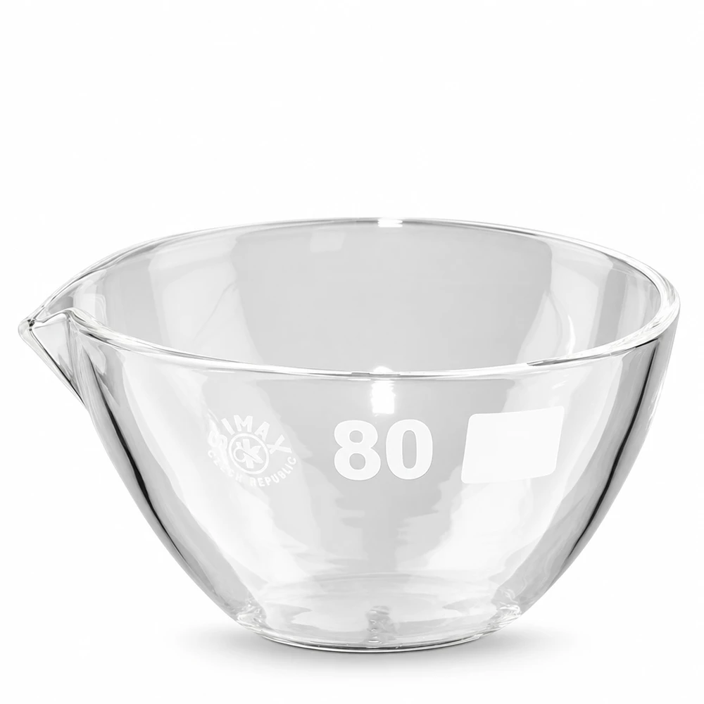 Piatto di evaporazione da 90ml con beccuccio in borosilicato ø80mm Vaschetta di evaporazione compatta da 80 mm in vetro borosilicato con dispositivo di versamento
