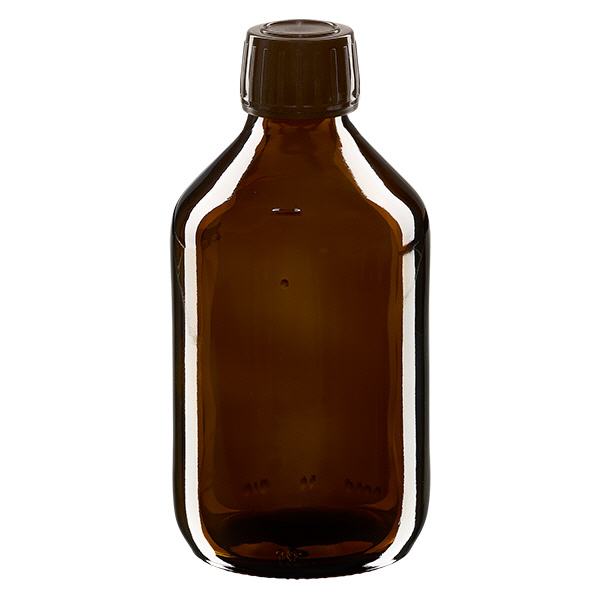 Flacone per medicinali da 250 ml marrone, tappo marrone con chiusura antimanomissione Flacone per medicinali da 250 ml marrone, tappo marrone con chiusura antimanomissione