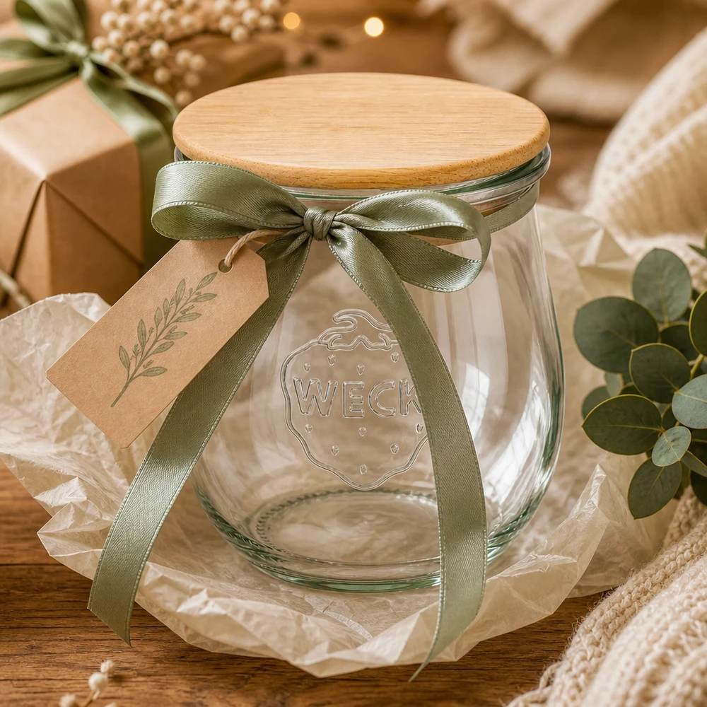 Vaso WECK tulipano 220ml RR60 in regalo con nastro verde e targhetta - vaso da conserva con coperchio in legno, confezionato in modo decorativo