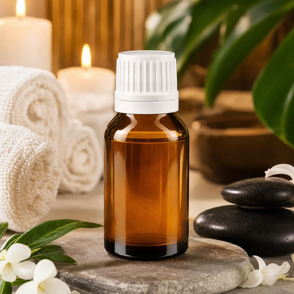 Flacone da 30 ml in vetro ambrato con tappo a vite bianco, appoggiato su una pietra naturale tra pietre da massaggio e candele