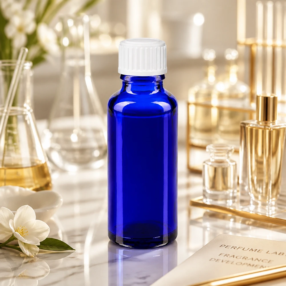 Flacone da farmacia da 30 ml blu cobalto con tappo standard bianco nel laboratorio di profumi