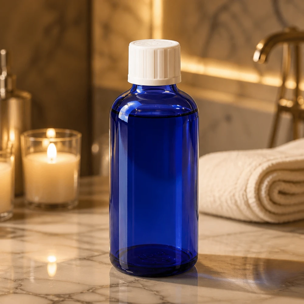 Bottiglia di vetro blu da 50 ml con tappo a vite bianco su una superficie di marmo in un elegante ambiente da bagno