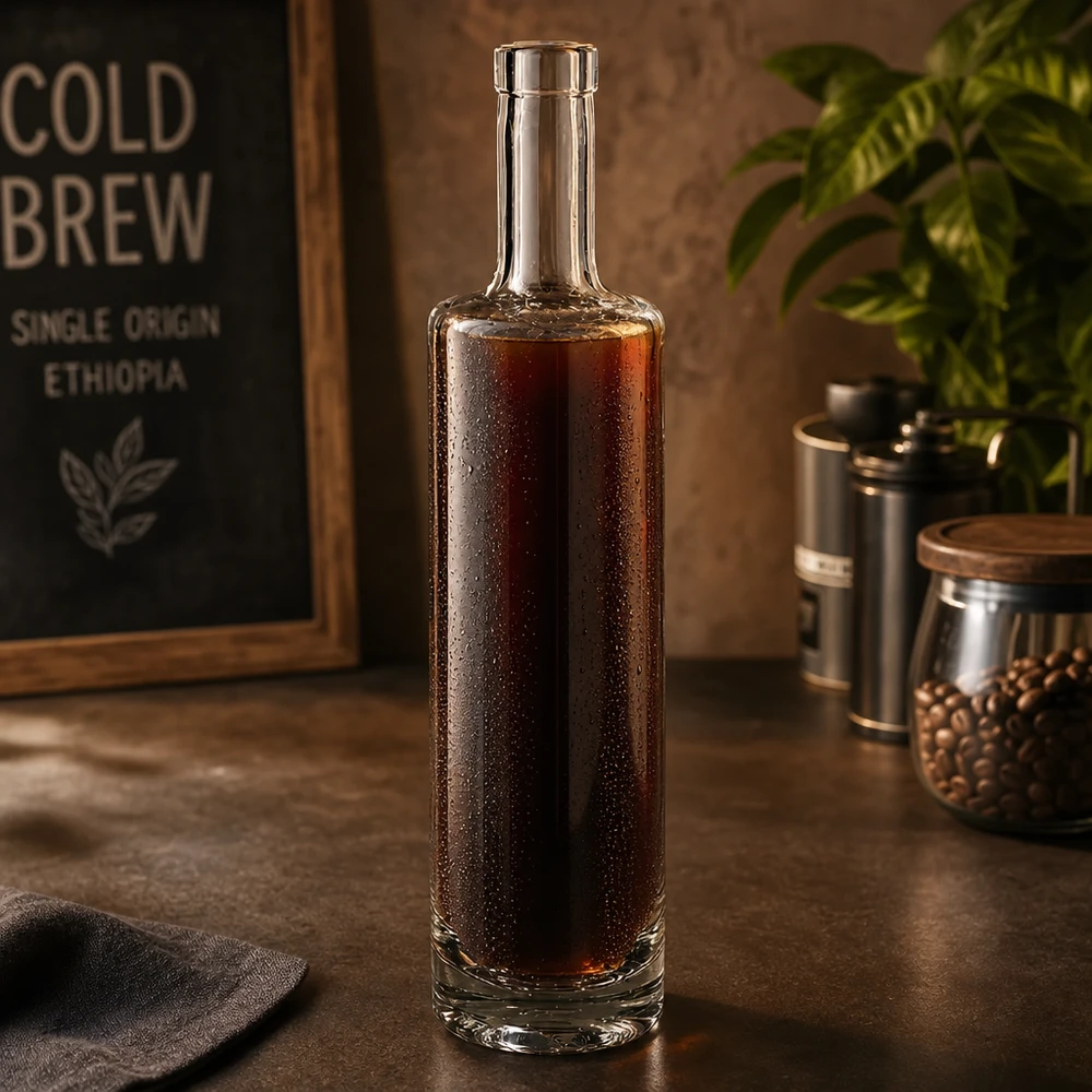 Bottiglia in vetro da 500 ml Lina senza tappo UNiTWIST® Bottiglia in vetro da 500 ml di Lina riempita di caffè cold brew in un'elegante atmosfera da caffetteria con chicchi di caffè e deodorante vintage.