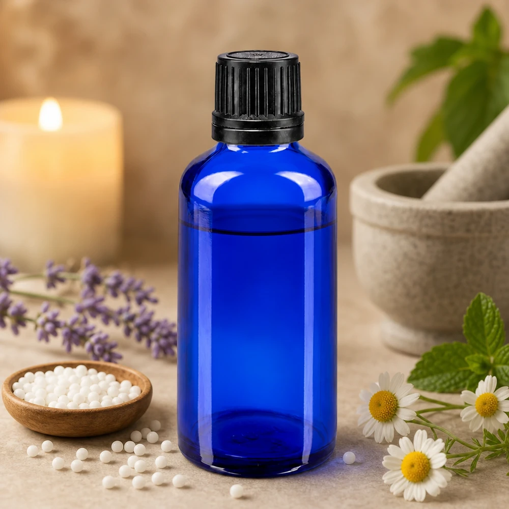 Flacone contagocce blu da 50 ml con beccuccio di precisione da 1 mm, accanto a fiori di camomilla e un mortaio