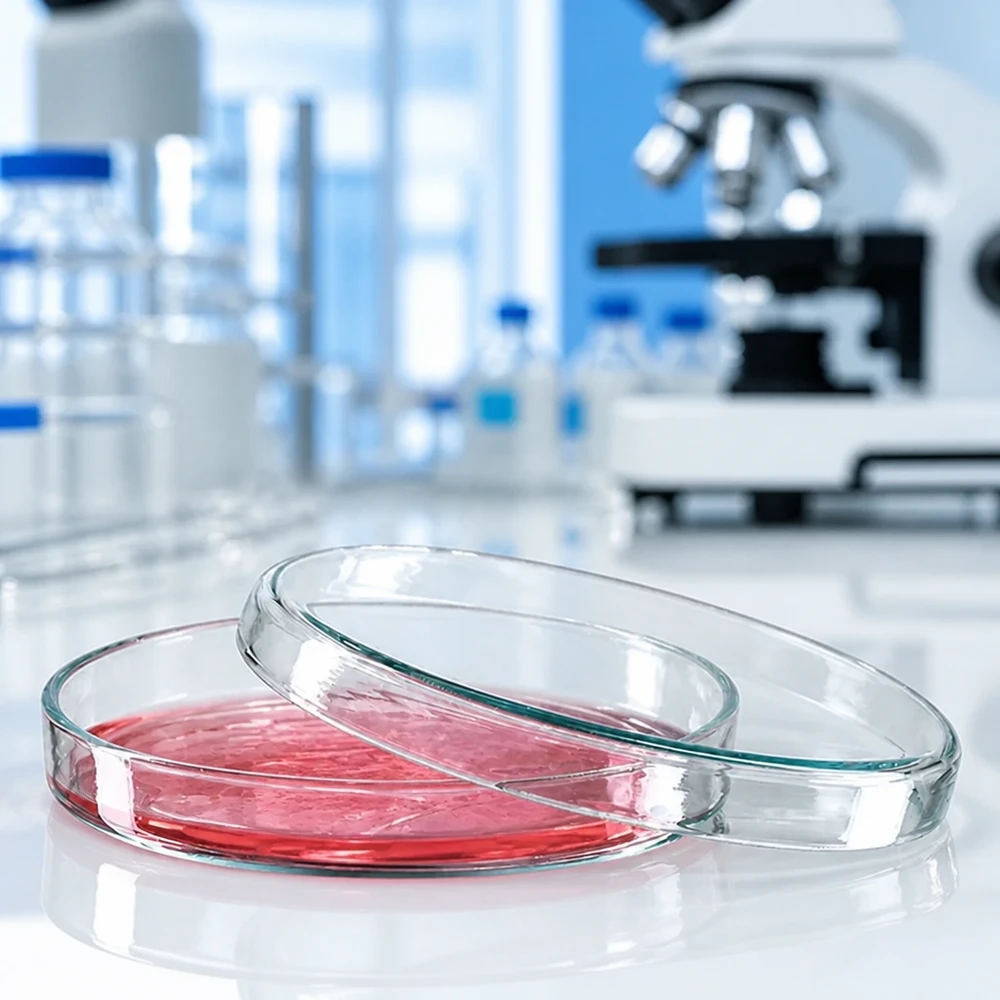 Piastra di Petri in vetro da 90x15 mm con coltura cellulare rossa in un laboratorio di ricerca professionale