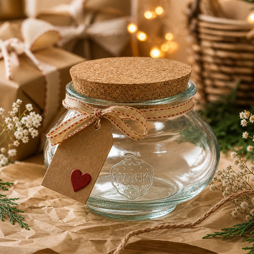 Vaso per gioielli WECK RR80 da 560 ml con tappo in sughero naturale Vaso portagioie WECK 560ml RR80 con coperchio in sughero come confezione regalo con ciondolo a cuore e decorazione festiva