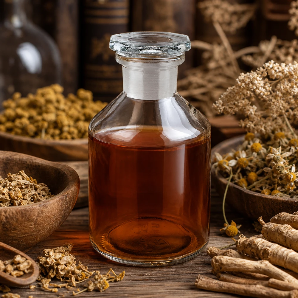 Bottiglia a collo corto da 50 ml trasparente con tappo di vetro, circondata da erbe medicinali essiccate e radici