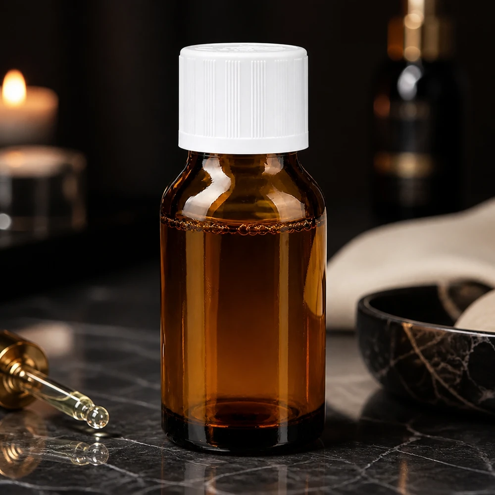 Flacone in vetro color ambra da 30 ml con tappo a vite bianco e contagocce in vetro su marmo scuro
