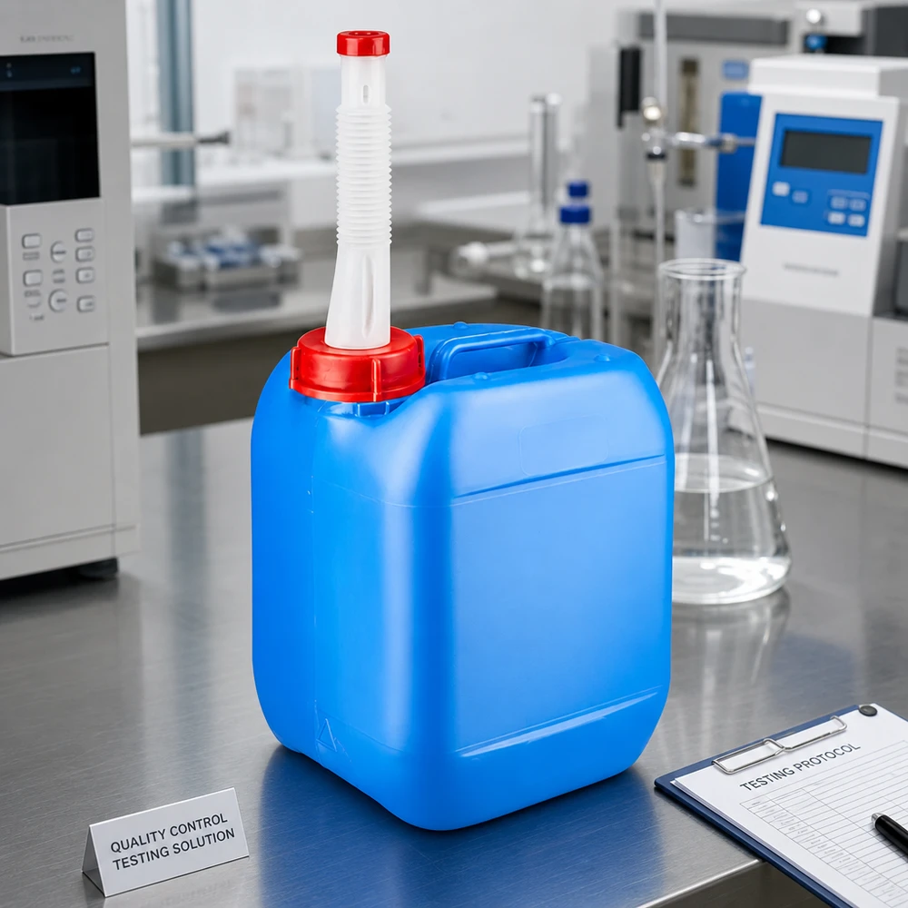 Robusto contenitore per il controllo qualità da 5 litri, blu, con beccuccio flessibile, per ambienti di laboratorio professionali