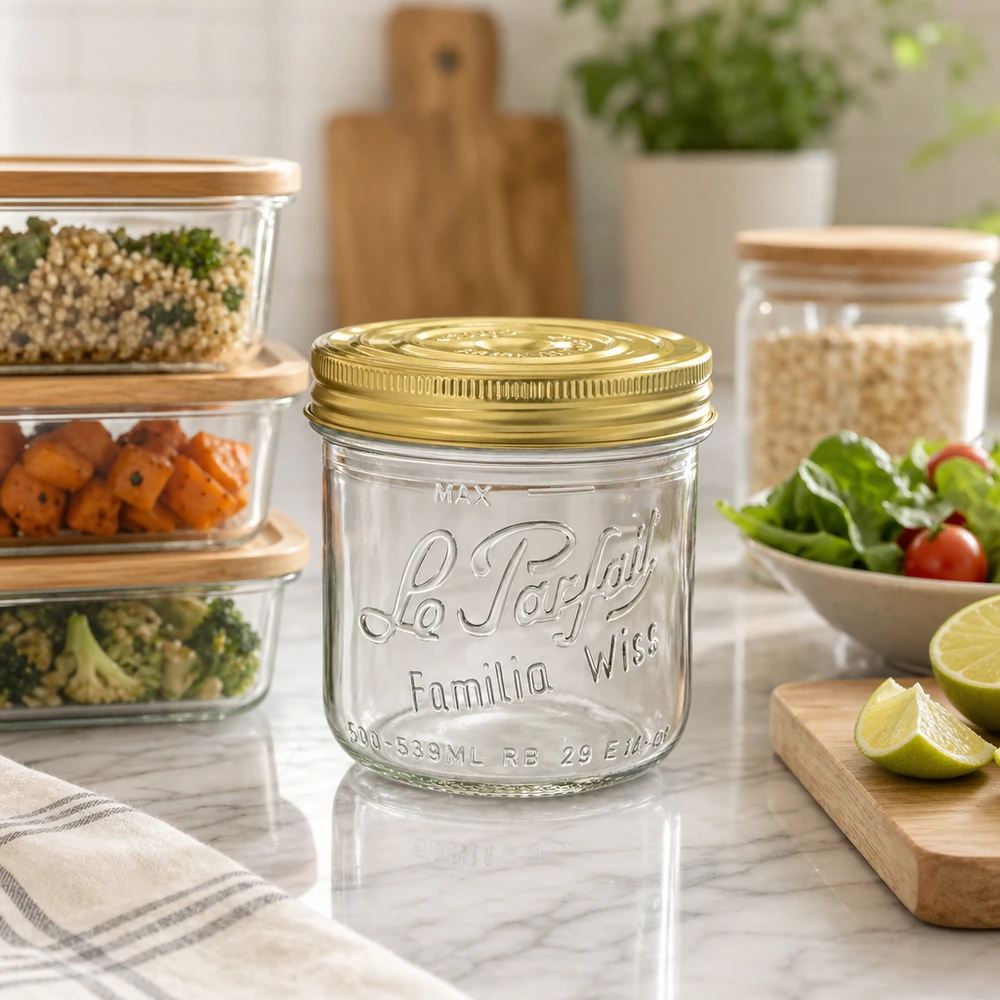 Bicchieri Familia Wiss da 539 ml con coperchio dorato sul bancone della cucina accanto a barattoli e alimenti freschi