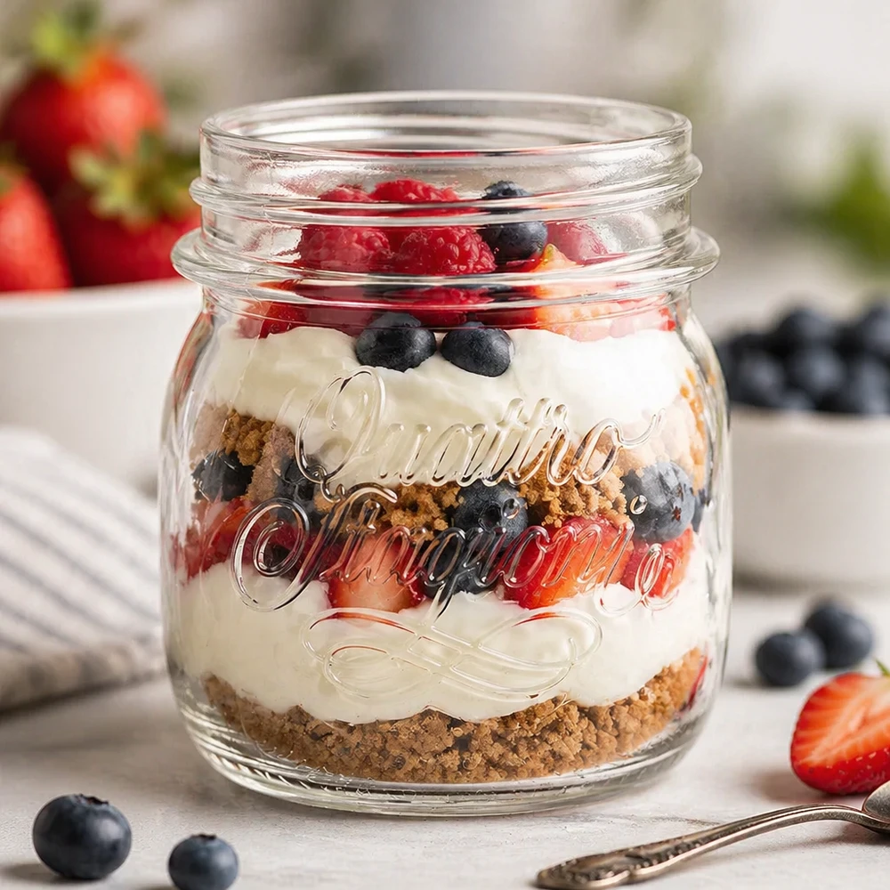 Bicchiere da 250 ml per uso domestico "Quattro Stagioni Vasetto Quattro Stagioni da 250 ml con dessert a strati di crema base biscotto e frutti di bosco come vasetto per la conservazione della casa