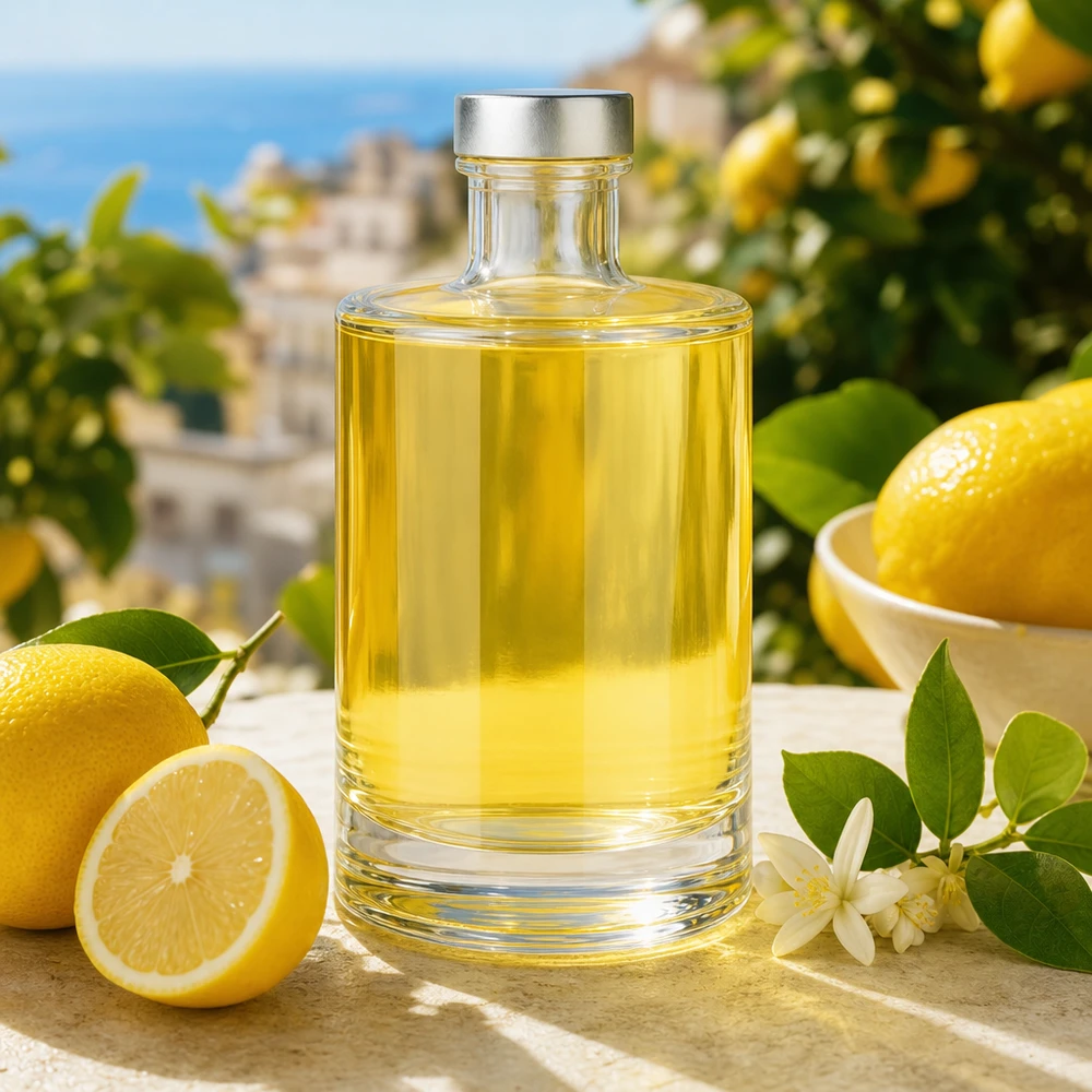 Bottiglia in vetro da 375 ml Sam e tappo a vite argento UNiTWIST® 375ml Glasflasche Sam mit Zitruslikör gefüllt - mediterrane Szenerie mit frischen Zitronen und silbernem Verschluss