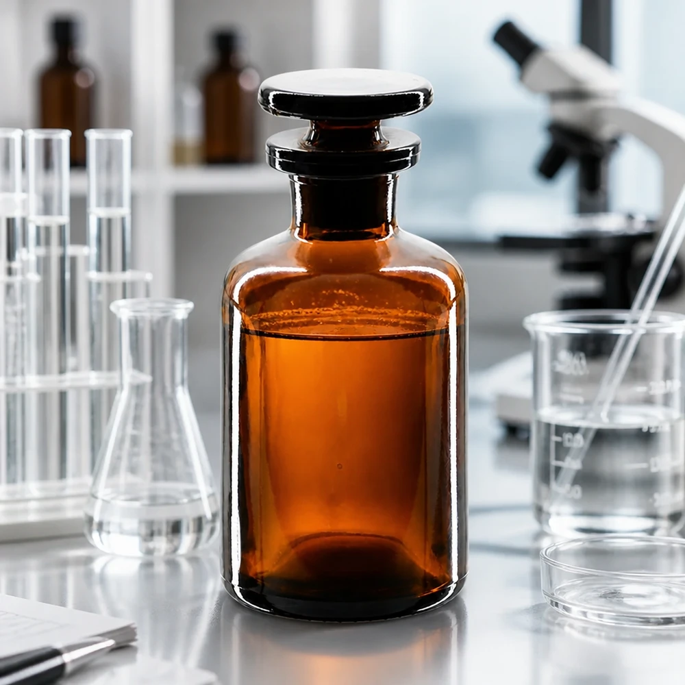 Fiaschetta in vetro ambrato a spalla arrotondata da 50 ml, a collo stretto con tappo in vetro, per sostanze chimiche da laboratorio