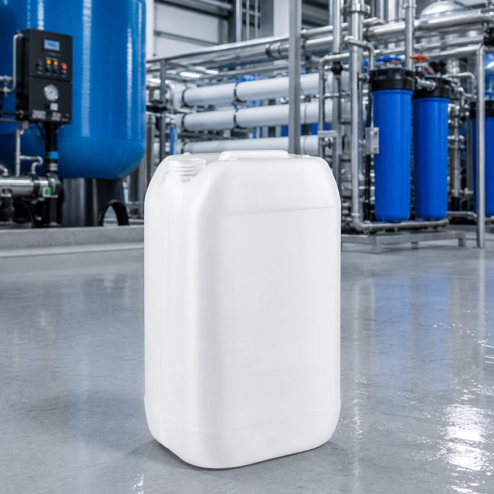 Tanica impilabile da 15 litri senza tappo, realizzata in plastica resistente, per il trattamento industriale dell'acqua