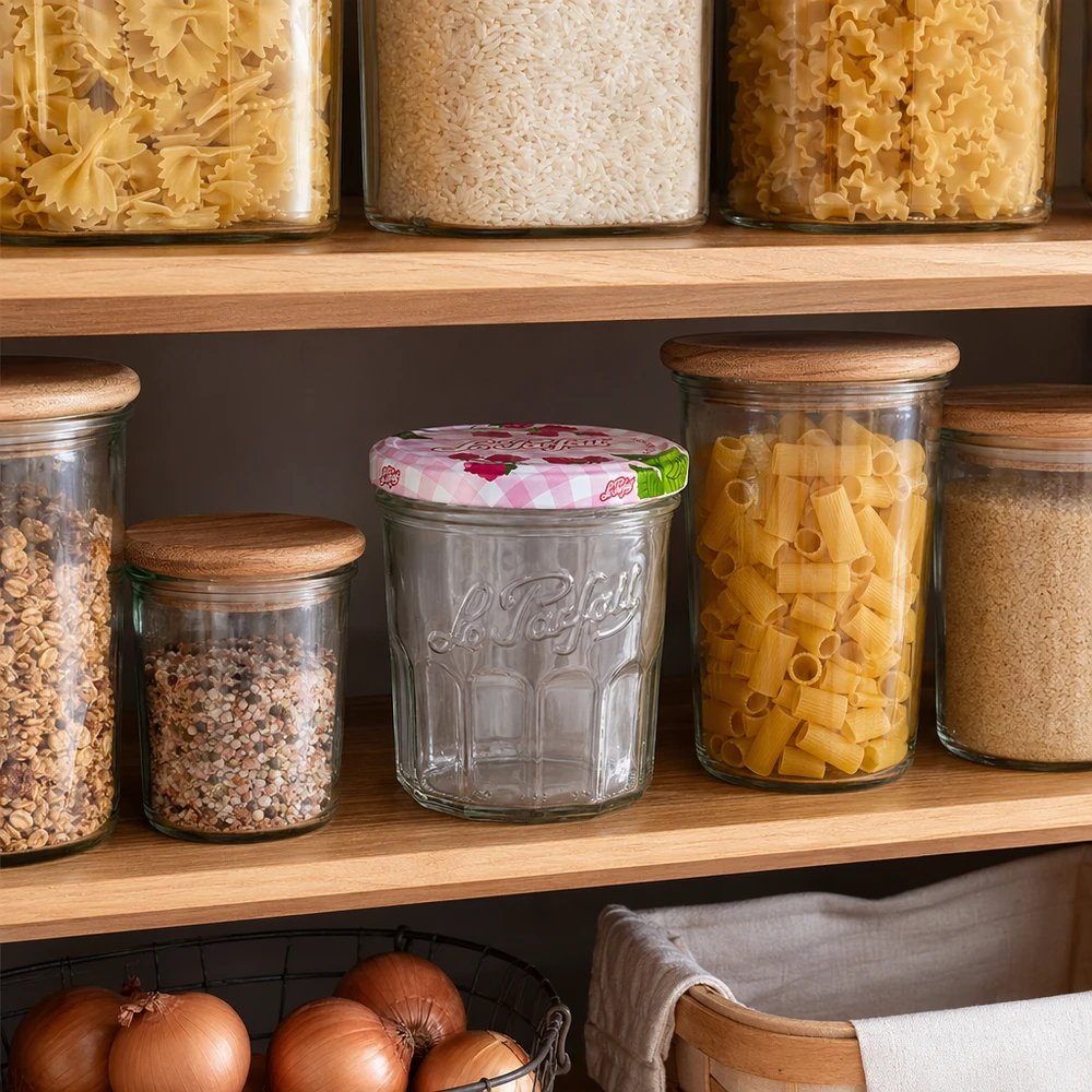 Bicchieri Le Parfait da 324 ml con coperchio a vite in una dispensa organizzata tra contenitori per pasta e spezie