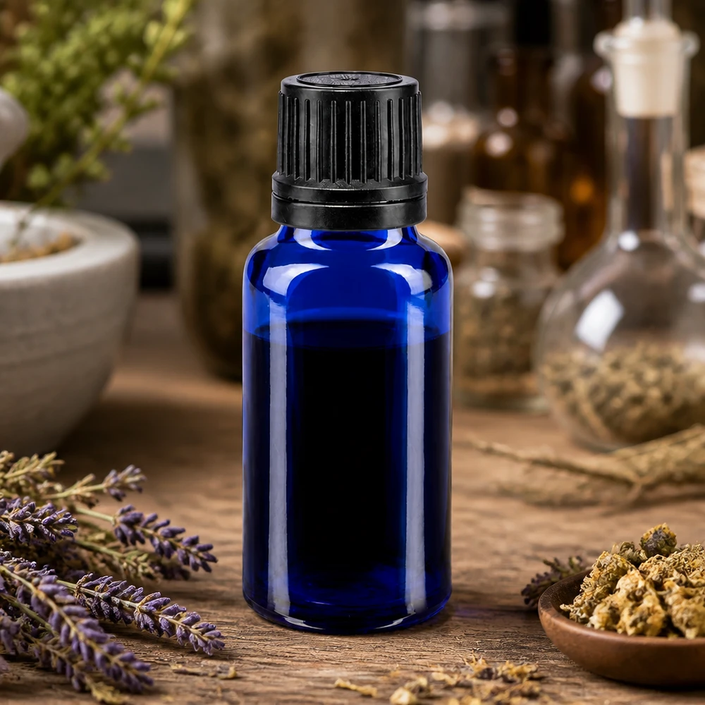 Flacone contagocce blu 20ml OV nero/1mm ApoGlas Flacone contagocce ApoGlas da 20 ml, blu con tappo nero, su un tavolino di legno con lavanda ed erbe aromatiche