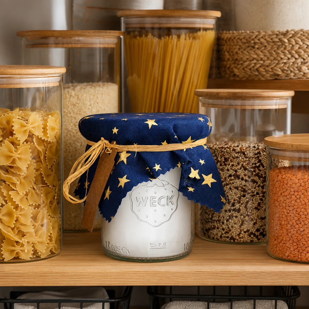 Centrino in tessuto blu con motivo a stella su un barattolo per conserve tra vasi di stoccaggio in una cucina organizzata 15 cm quadrati